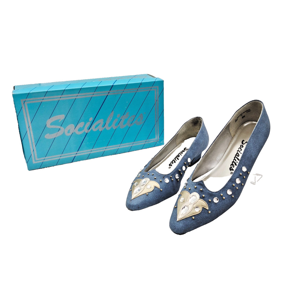 Vintage Socialites Denim Rhinestone Angie Ballet Flats Pointed Toe Blue Size 8 M